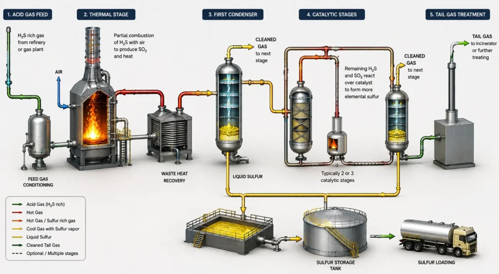 Claus process flow diagram for elemental sulfur production